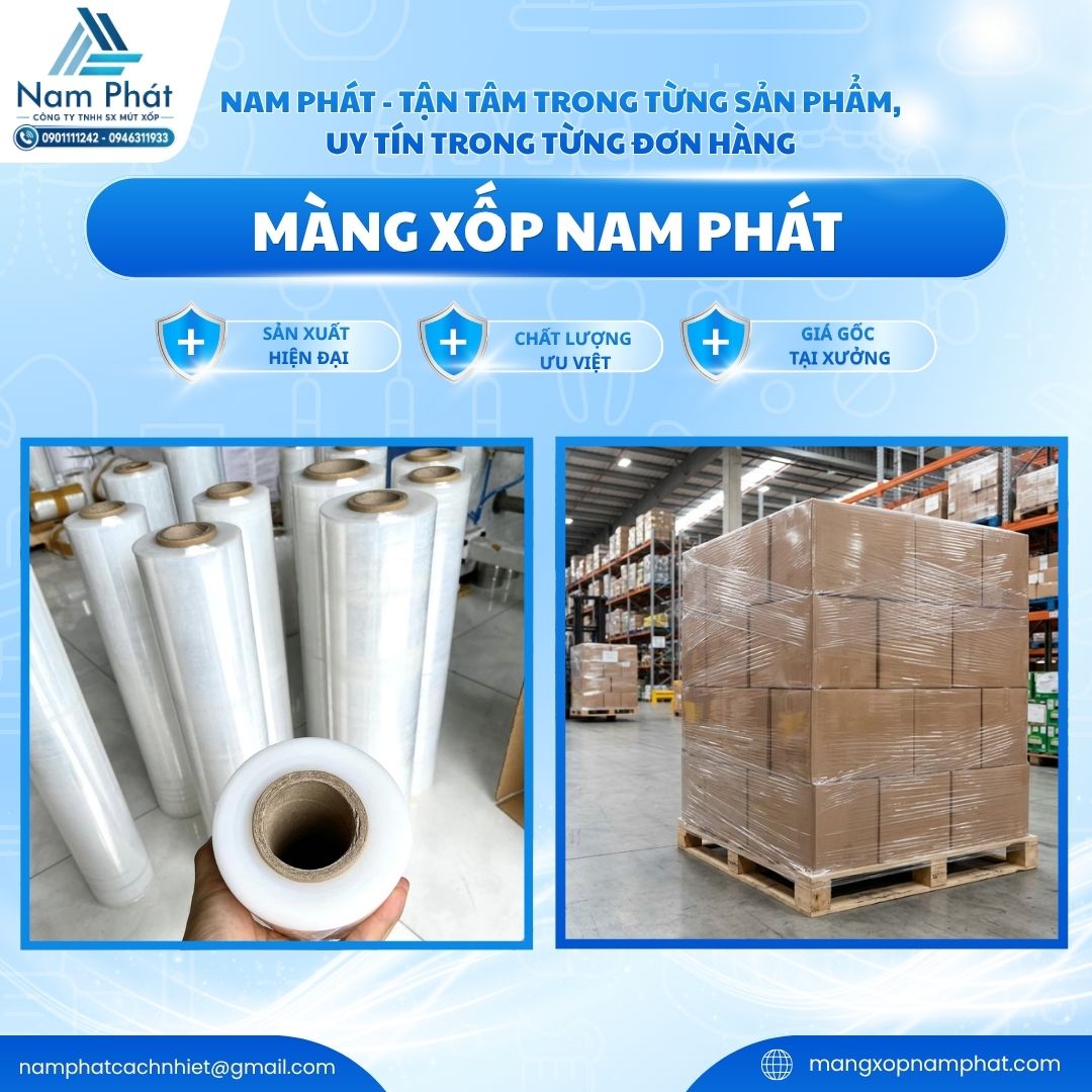 ÔNG TY TNHH SẢN XUẤT MÚT XỐP NAM PHÁT tự hào là đơn vị uy tín hàng đầu tại khu vực phía Nam trực tiếp sản xuất, đùn thổi và phân phối các dòng màng PE quấn hàng chất lượng cao từ 100% hạt nhựa nguyên sinh LLDPE.