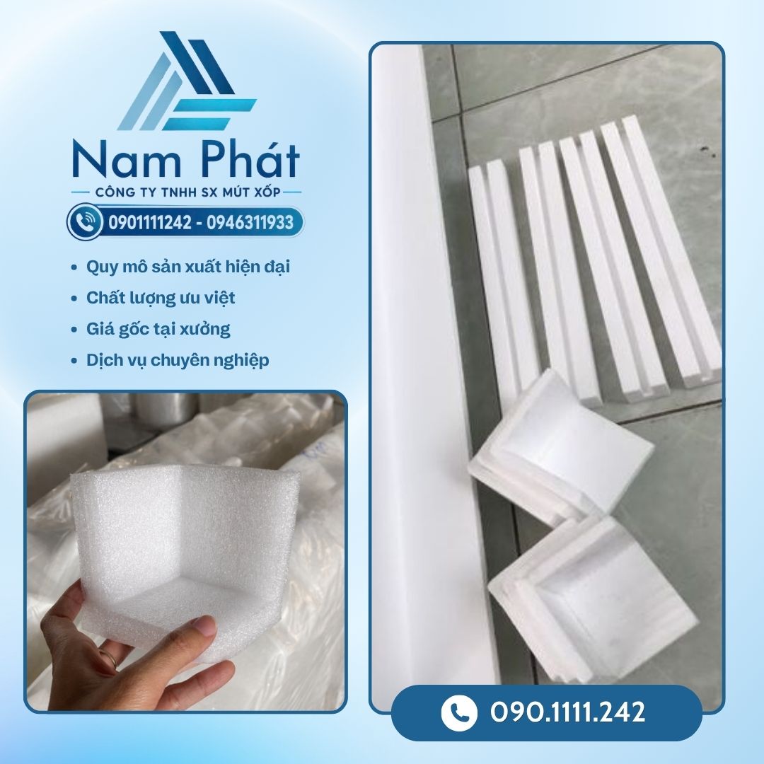 MÚT XỐP NAM PHÁT chuyên gia công, dập khuôn và cung ứng các loại góc xốp PE foam định hình, góc xốp 3 cạnh, thanh xốp chữ V, khay mút xốp định hình chống va đập theo kích thước yêu cầu với chính sách giá sỉ tận xưởng cạnh tranh nhất thị trường.