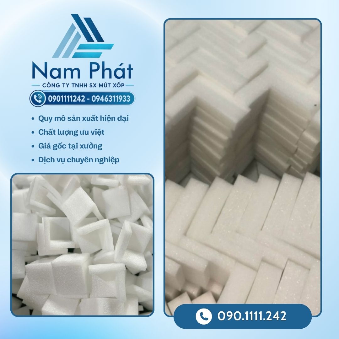 Sử dụng góc foam định hình (góc xốp PE foam) kết hợp cùng hệ sinh thái vật tư đóng gói của MÚT XỐP NAM PHÁT là giải pháp đệm lót chuyên nghiệp, giúp triệt tiêu xung lực và bảo toàn nguyên vẹn giá trị sản phẩm.