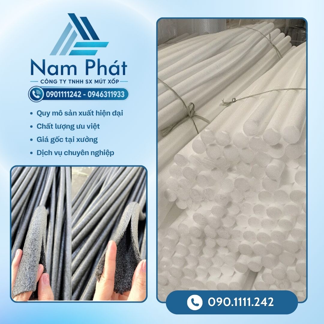 Nhà sản xuất trực tiếp uy tín hàng đầu tại khu vực phía Nam – MÚT XỐP NAM PHÁT chuyên đùn ép, phân phối và gia công các dòng ống xốp PE foam, ống mút bọc hàng, nẹp cạnh bàn ghế và thanh xốp tròn đặc từ 100% hạt nhựa nguyên sinh LDPE với mức giá sỉ tận gốc.