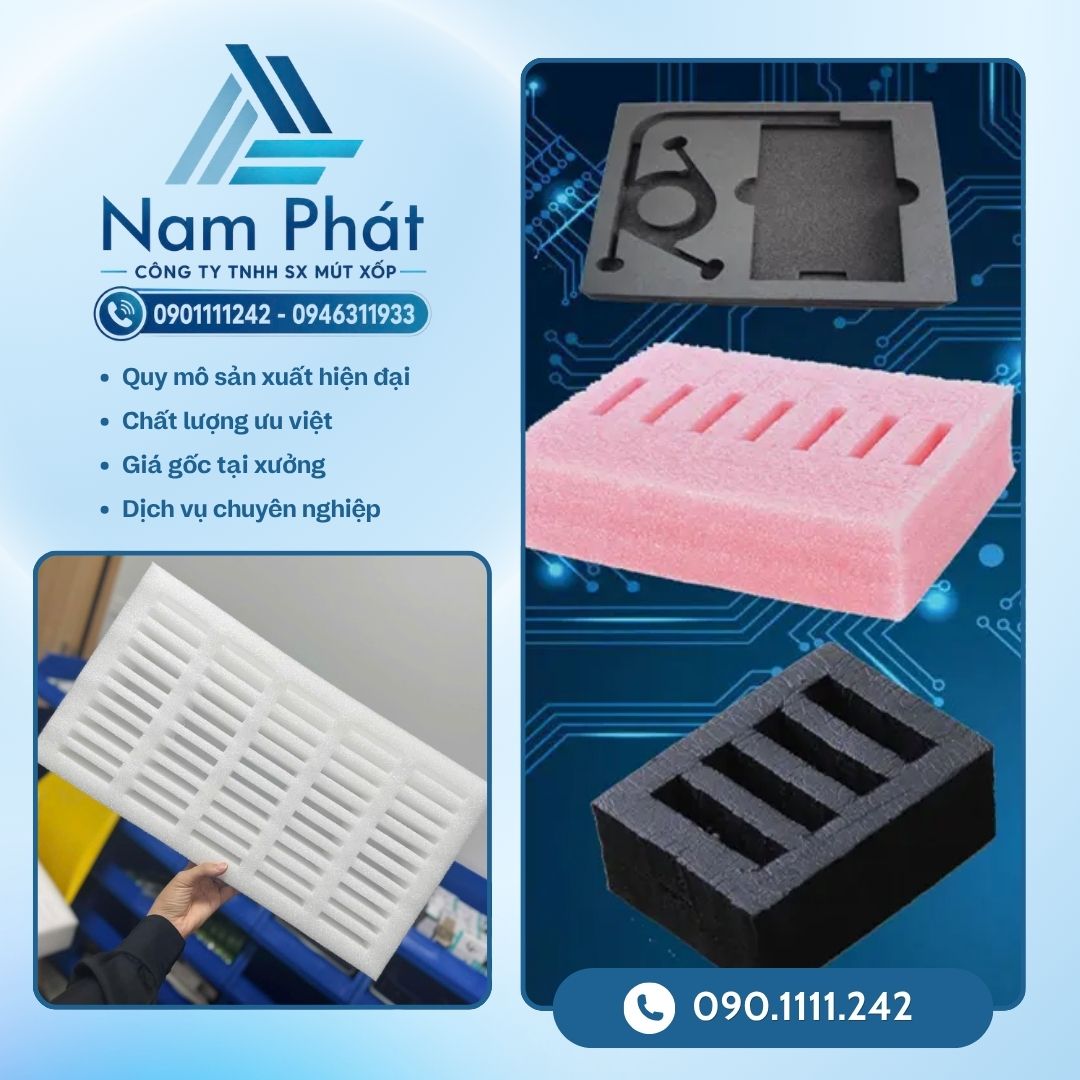 Đơn vị sản xuất bao bì đệm lót chuyên nghiệp MÚT XỐP NAM PHÁT là nhà máy trực tiếp thiết kế khuôn mẫu, gia công bế CNC các dòng khay xốp định hình đạt chuẩn phòng sạch với chi phí tối ưu trực tiếp tại xưởng.